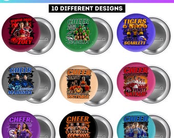 10 redigerbara Cheer Pin-knappar i Canva, Cheerleader-klistermärken, design av seniorsporter, mall för cheerleading och dans för seniorkvällar