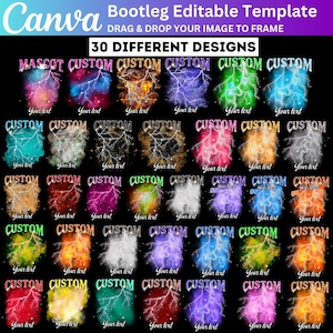 May include: Thirty different designs of customizable lightning bolt graphics with a variety of colors and backgrounds. The text "MASCOT CUSTOM CUSTOM CUSTOM CUSTOM CUSTOM" is at the top of the image.