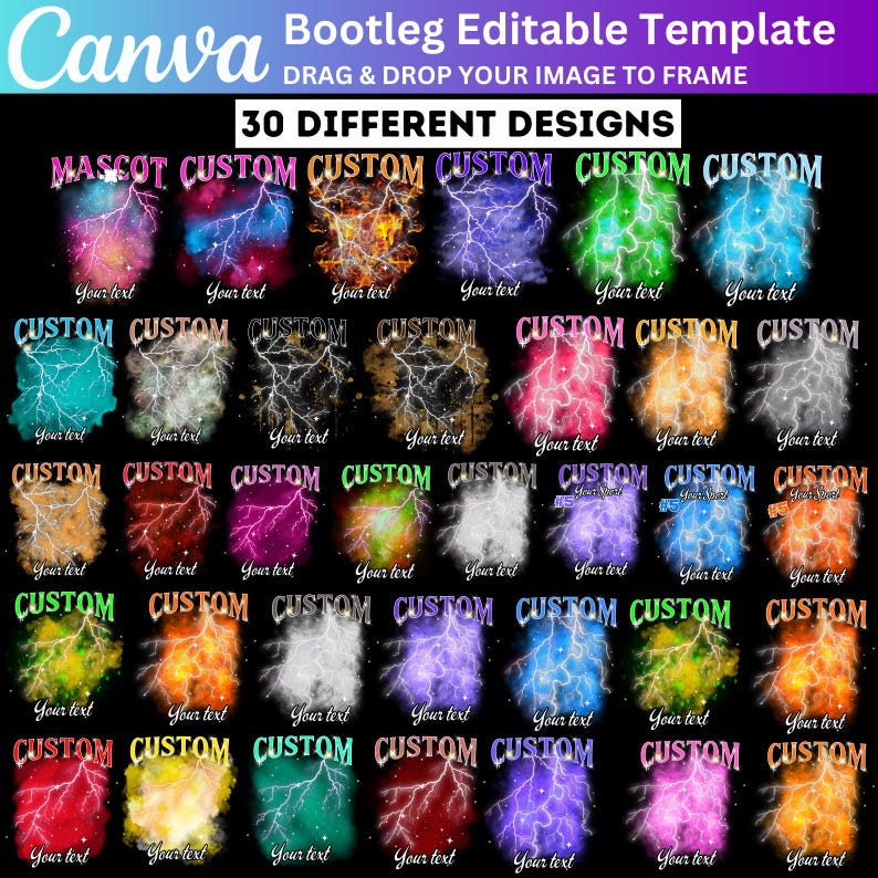 May include: Thirty different designs of customizable lightning bolt graphics with a variety of colors and backgrounds. The text "MASCOT CUSTOM CUSTOM CUSTOM CUSTOM CUSTOM" is at the top of the image.