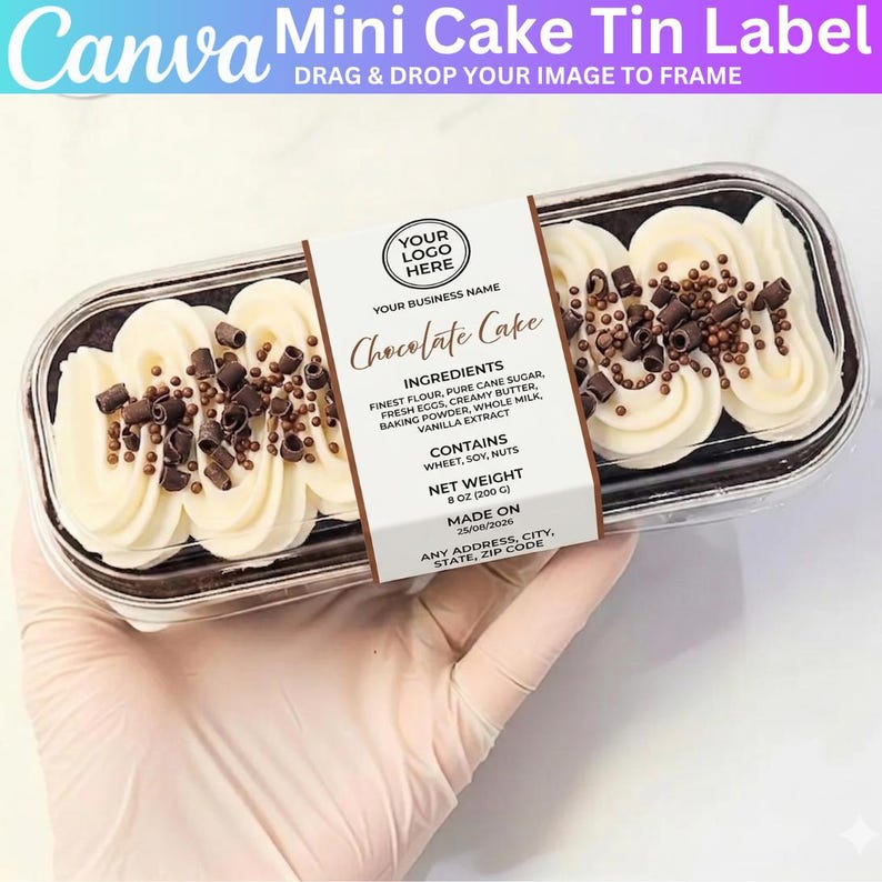 May include: A mini chocolate cake in a clear plastic container, topped with white frosting and chocolate shavings. The label reads "Chocolate Cake" and lists ingredients and net weight of 200 g. The Canva logo is at the top. The cake is in a clear plastic container.
