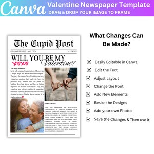 Pode incluir: Um modelo de jornal para o Dia dos Namorados com um casal de m&atilde;os dadas e o texto "Quer ser meu Valentine?" O modelo &eacute; facilmente personaliz&aacute;vel com op&ccedil;&otilde;es para editar o texto, ajustar o layout, alterar a fonte, adicionar novos elementos, redimensionar os designs, adicionar suas pr&oacute;prias fotos e salvar as altera&ccedil;&otilde;es.
