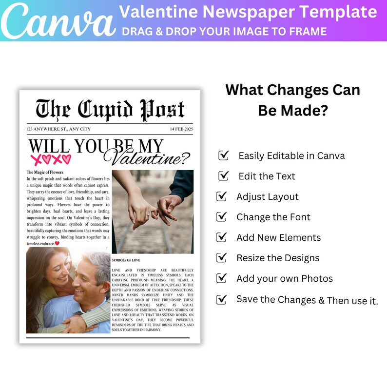Pode incluir: Um modelo de jornal para o Dia dos Namorados com um casal de m&atilde;os dadas e o texto "Quer ser meu Valentine?" O modelo &eacute; facilmente personaliz&aacute;vel com op&ccedil;&otilde;es para editar o texto, ajustar o layout, alterar a fonte, adicionar novos elementos, redimensionar os designs, adicionar suas pr&oacute;prias fotos e salvar as altera&ccedil;&otilde;es.
