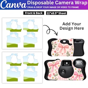 May include: A Canva disposable camera wrap template on an 11"x8.5" sheet featuring front and back layouts. The design includes a pink bow, floral patterns, and hearts on a checkered background, with text reading "Add Your Design Here".