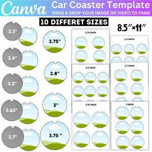 Op de afbeelding: Tien verschillende maten auto-onderzetters met een landschapsontwerp. De onderzetters zijn bedrukt met een blauwe lucht, witte wolken en groen gras. De maten variëren van 2,3 inch tot 3,75 inch. De tekst "8,5"x11" is bovenaan de afbeelding gedrukt.
