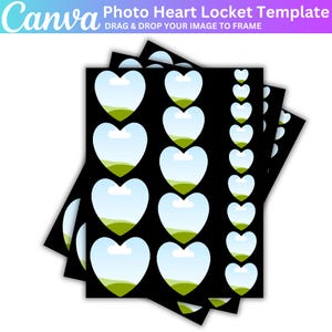 May include: A pile of black Canva templates featuring heart-shaped photo frames. Each heart displays a blue sky and green landscape design. The text at the top reads "Photo Heart Locket Template" and "Drag & Drop Your Image to Frame."