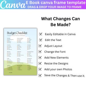 May include: A green and brown checklist titled "Budget Checklist" with a list of categories for budgeting, including earnings, accommodation, services, groceries, apparel, coverage, self-care, healthcare, household items, travel, leisure, liabilities, memberships, and presents. The checklist is on a white background with a blue and purple gradient background behind it. The text "What Changes Can Be Made?" is above the checklist. Below the checklist, there are nine checkboxes with text describing the changes that can be made to the checklist, including "Easily Editable in Canva", "Edit the Text", "Adjust Layout", "Change the Font", "Add New Elements", "Resize the Designs", "Add your own Photos", "Save the Changes & Then use it."
