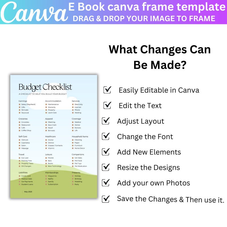 May include: A green and brown checklist titled "Budget Checklist" with a list of categories for budgeting, including earnings, accommodation, services, groceries, apparel, coverage, self-care, healthcare, household items, travel, leisure, liabilities, memberships, and presents. The checklist is on a white background with a blue and purple gradient background behind it. The text "What Changes Can Be Made?" is above the checklist. Below the checklist, there are nine checkboxes with text describing the changes that can be made to the checklist, including "Easily Editable in Canva", "Edit the Text", "Adjust Layout", "Change the Font", "Add New Elements", "Resize the Designs", "Add your own Photos", "Save the Changes & Then use it."