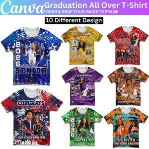Puede incluir: Una colección de camisetas con estampado integral con temas de graduación. Cada camiseta presenta un diseño único con fotos, nombres y el año 2026. Las camisetas tienen varios esquemas de color, incluyendo azul, amarillo, rojo, morado, verde y naranja, con el texto "Graduation" y "Senior".
