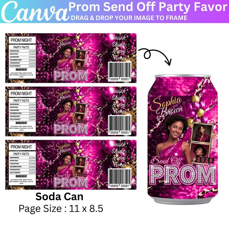 Bar Code For Prom Pink Prom Send off Treat Template, Canva Editable Prom Party Favor ...