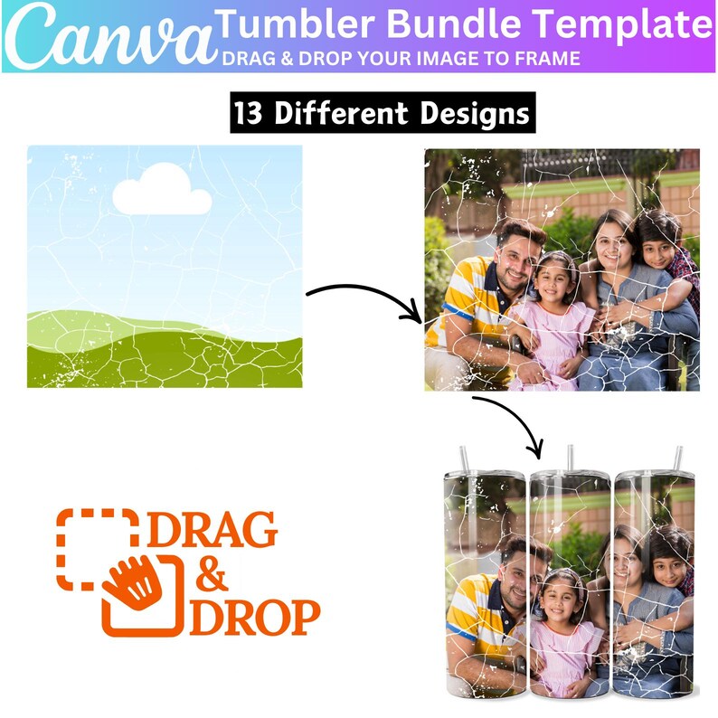 Op de afbeelding: Drie roestvrijstalen tumblers met een gebarsten glaseffectontwerp. Elke tumbler heeft een andere foto van een gezin van vier. De tumblers zijn elk 20 ounce. De tekst "DRAG & DROP" staat in een rood vak met een handpictogram.