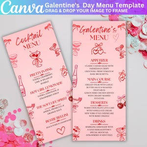 May include: Pink Galentine's Day menu template with red illustrations of cocktails, cherries, and hearts. The menu includes appetizers, main courses, desserts, and drinks. The text includes cocktail names and ingredients.