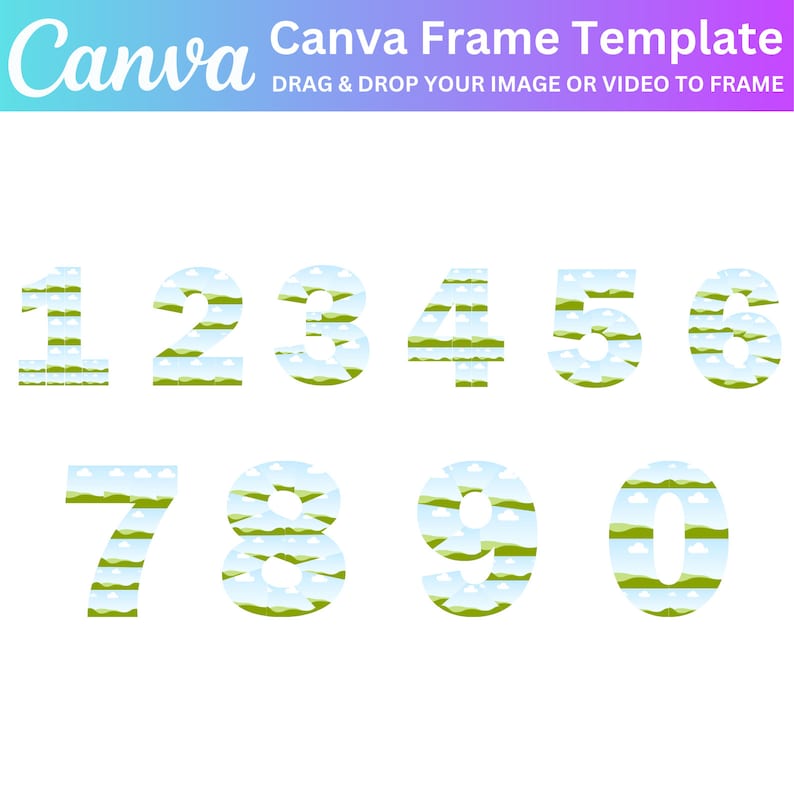 Puede incluir: N&uacute;meros del 1 al 0 con un patr&oacute;n de paisaje verde, azul y blanco.
