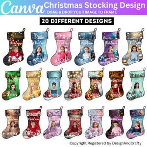 Puede incluir: Una colección de 20 diseños de medias navideñas. Cada media presenta una foto personalizada y la palabra "Christmas". Los diseños incluyen varios colores y patrones, con nombres como "Henry" y "Sofia".