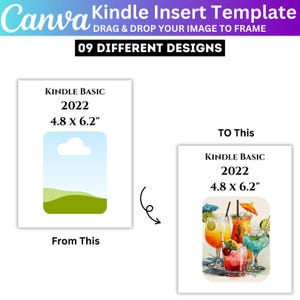 May include: A Canva Kindle Insert Template graphic with the text "DRAG & DROP YOUR IMAGE TO FRAME" and "09 DIFFERENT DESIGNS". The image shows a before and after of a Kindle Basic 2022 template, 4.8 x 6.2 inches.