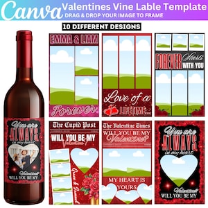 10 Valentine Wine Photo Labels Template, Canva Editable Valentine Wine Photo Labels, Valentine Party Tag, Digital Download