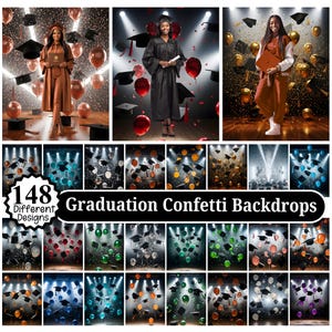 May include: A collage of graduation-themed backdrops featuring students in graduation attire, confetti, balloons, and mortarboards. The image includes the text "148 Different Designs" and "Graduation Confetti Backdrops".