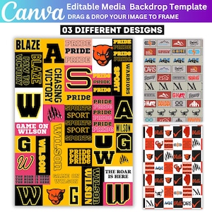 May include: A Canva template for an editable media backdrop. The design features three different layouts with text and graphics. One design has a yellow and black theme with the words "Blaze", "Victory", and "Pride".