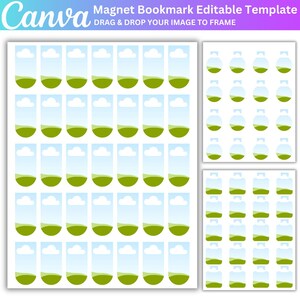May include: A template for magnet bookmarks with a sky and landscape design. The design features a blue sky with white clouds above a green landscape. The text "Magnet Bookmark Editable Template" and "Drag & Drop Your Image to Frame" is visible.