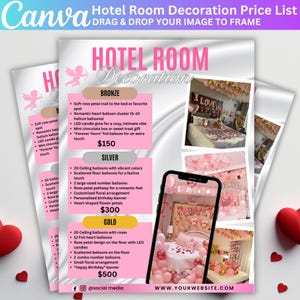 Può includere: Un listino prezzi per la decorazione di camere d'albergo rosa e bianco con il testo "Hotel Room Decoration" in alto. L'elenco include pacchetti Bronzo, Argento e Oro con varie caratteristiche come palloncini, candele e composizioni floreali.