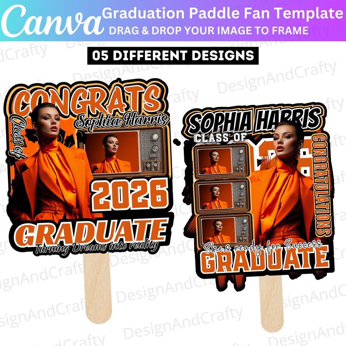 Orange Grad Fan Canva Editable Template, Custom Graduation Paddle Fan ...