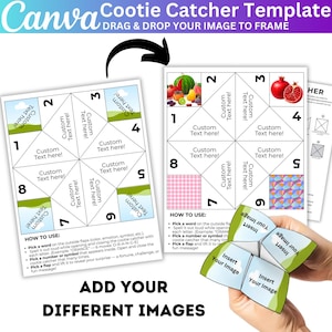 Puede incluir: Una plantilla de Canva Cootie Catcher con instrucciones y áreas para insertar imágenes. La plantilla presenta secciones numeradas y avisos para texto personalizado. El diseño incluye un adivinador de papel plegado con inserciones de imágenes.