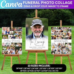 May include: Funeral photo collage on easels. The center canvas features a portrait and the text "In Loving Memory of Walter J. Collins." Two collages with the text "Timeless Moments" and "Never Forgetter" are on either side. 13 sizes are available.
