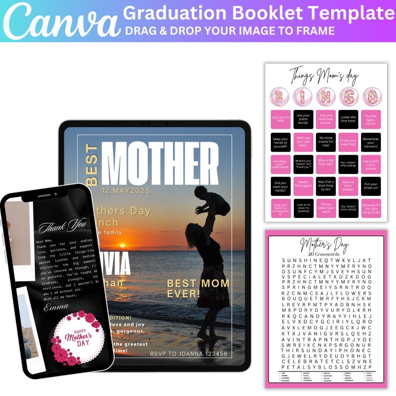 May include: A digital invitation for a Mother's Day brunch with a sunset background and a mother and child silhouette. The invitation reads "Best Mother" and "12 May 2025".