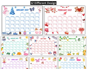 Pode incluir: Um modelo de calendário mensal de 2027 para crianças com 12 designs diferentes. O layout inclui páginas de grade para janeiro, fevereiro, março, abril, maio, junho, julho e agosto, decoradas com ilustrações sazonais como bonecos de neve, corações, trevos, coelhinhos, flores e ícones de verão.