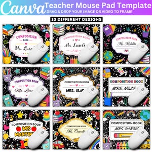 May include: A digital template for ten mouse pads featuring a black and white composition book pattern. Each design includes a central label for a name, surrounded by colorful illustrations of school supplies like books, pencils, and globes.