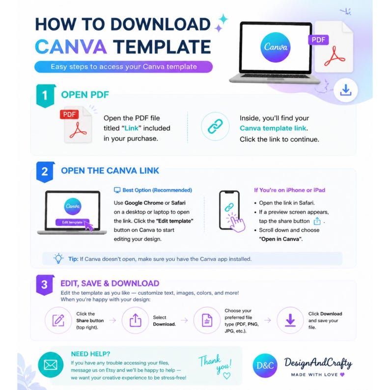 May include: An instructional infographic titled HOW TO DOWNLOAD CANVA TEMPLATE. It outlines three steps: opening a PDF file to find a link, opening the link in a browser or app, and editing, saving, and downloading the final design. Includes icons.