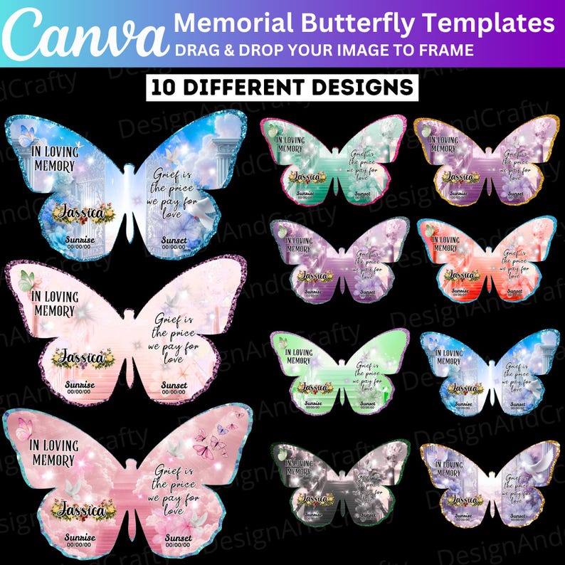 Puede incluir: Una colecci&oacute;n de diez plantillas de mariposas conmemorativas con varios dise&ntilde;os. Cada mariposa presenta el texto "In Loving Memory", un nombre y una cita. Las mariposas son en tonos de azul, rosa, verde y morado, con fondos florales y de nubes.