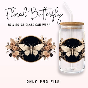 Floral Butterflies Libbey Glass PNG,  16oz & 20oz Libbey Can Wrap, Coffee Glass Can png, 16oz Full Wrap, Can Glass Wrap, Digital Download