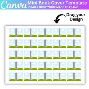 May include: A template for a mini book cover with 36 squares, each with a design of a green hill, a blue sky with white clouds, and a gray vertical line. The text "Drag your Design" is at the top of the image.