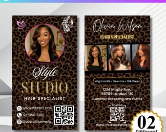 Biglietto da visita leopardato, biglietto da visita IG, carta fedeltà modificabile Canva, biglietto da visita fai da te con sconto, trecce stampabili per salone di bellezza, capelli e trucco.
