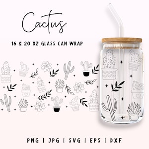 Cactus Libbey Glass SVG, 16oz & 20oz Libbey Glass Wrap, House Plant Svg, Botanical Clipart, Cactus Print Svg png for Cricut Cut Silhouette