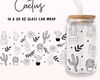 Kaktus Libbey Glass SVG, 16oz i 20oz Libbey Glass Wrap, Roślina doniczkowa SVG, Clipart botaniczny, Kaktus Print SVG png do Cricut Cut Silhouette