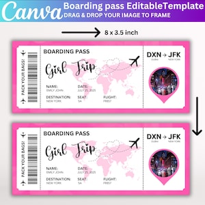 May include: Two pink boarding passes with the text "Girl Trip" and the destination "New York." Each pass includes a flight route map, a flight number, and the text "Pack Your Bags!" The passes are 20.3 x 8.9 cm.