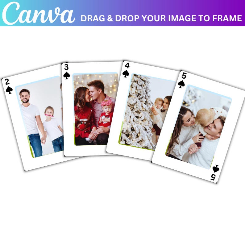 May include: Four playing cards with different family photos on them. The cards are all spades, with the numbers 2, 3, 4, and 5 printed on them.