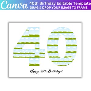 Puede incluir: Una tarjeta blanca con un número 40 verde y azul. El número está formado por un patrón de colinas verdes y nubes azules. El texto "Happy 40th Birthday!" está escrito en cursiva negra debajo del número.