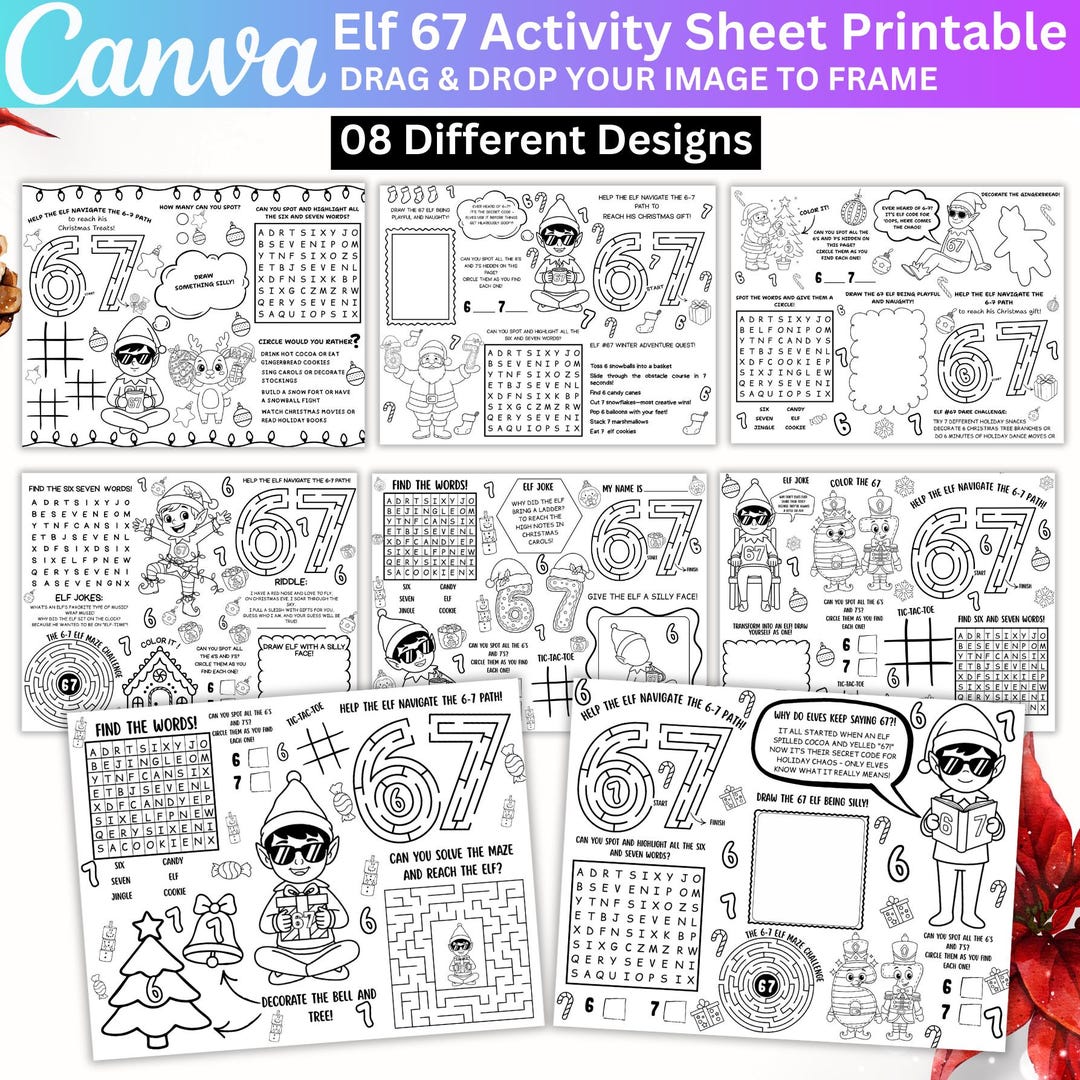 Elf 67 Activity Sheet Printable BUNDLE, Six Seven Meme Funny Christmas ...