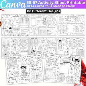 May include: A collection of eight black and white printable activity sheets featuring elves, mazes, word searches, and coloring pages. The sheets are designed for children and include the text "Elf 67 Activity Sheet Printable".
