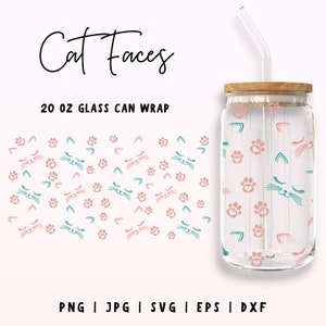 20 oz chat fait face à Libbey Glass Can svg, verre patte de chat, verre de canette de bière, chat modèle Libbey Glass, téléchargement numérique, Cricut & Silhouette