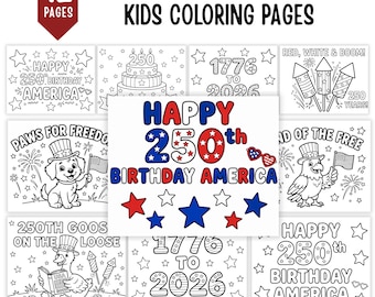 Página para colorear del 250 aniversario de EE. UU. para niños, actividad imprimible de Estados Unidos 250, hoja para colorear patriótica del 4 de julio, cumpleaños de Estados Unidos, manualidades para niños