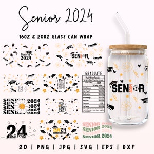 May include: A set of 20 printable designs for 16oz and 20oz glass can wraps. The designs feature a graduation theme with black and gold graduation caps, stars, diplomas, and the text "Senior 2024".