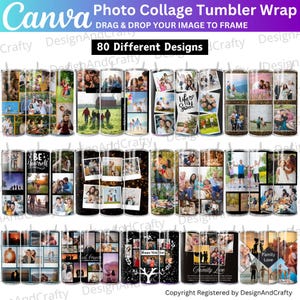 Könnte beinhalten: Eine Auswahl an Fotocollage-Becher-Wraps mit verschiedenen Designs. Die Becher zeigen Familienfotos, Landschaften und Texte wie "Life is Sweet" und "Be Yourself". Der Text "Canva Photo Collage Tumbler Wrap" und "80 Different Designs" ist sichtbar.