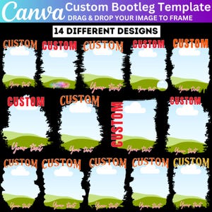 May include: A digital template for creating custom bootleg designs. The template features 14 different designs with a black background and a variety of colorful, brushstroke-like frames. Each frame has a space for an image and the text "CUSTOM" in red or orange.