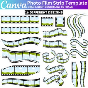 Può includere: Una collezione di modelli di strisce di pellicola fotografica in vari design. I modelli includono strisce di pellicola dritte, curve e arrotolate, ciascuna con una scena paesaggistica. Il testo "Photo Film Strip Template" e "16 DIFFERENT DESIGNS" è visibile.
