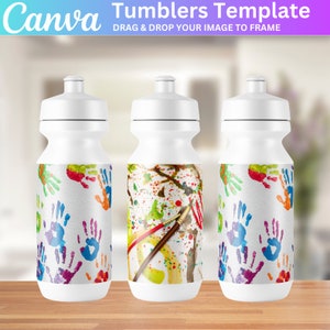 May include: Three white water bottles with different colorful designs. The designs include handprints, paint splatters, and paintbrushes.  Tumblers Template. Drag & Drop Your Image To Frame.