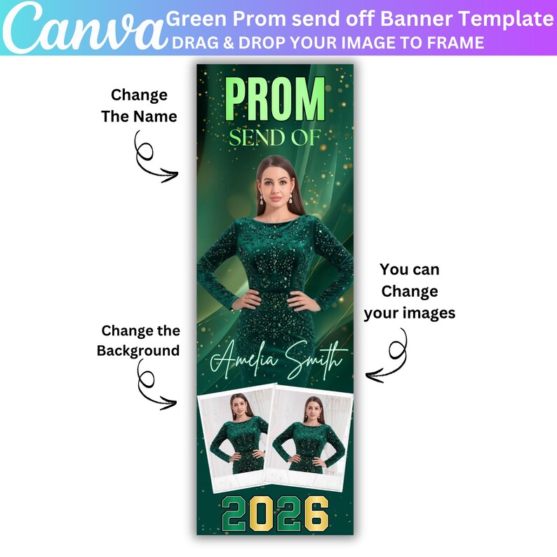 Send Off Program Banner 3X Green Prom Send off Banner Template Canva Editable, 2026 Graduation ...