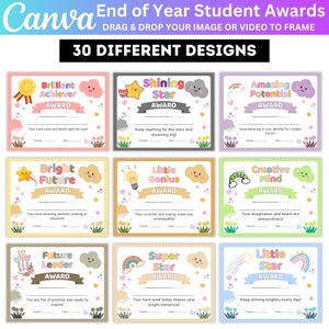 Puede incluir: Una colección de 9 coloridos certificados de premios para estudiantes con varios diseños. Cada certificado presenta un tema único, como "Brilliant Achiever" o "Shining Star", con espacio para nombres y fechas de estudiantes.
